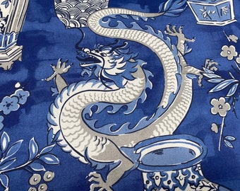 Chinesischer Drache Stoff Asiatisches Porzellan Motiv Material Wohnkultur Vorhang Polster 140cm breit - Blau