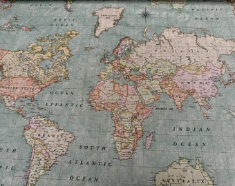 Retro World Map Print Fabric Travel Material Home Décor Upholstery Curtains Cushion – 140cm or 55" Wide - Vintage Jade