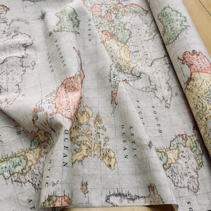 BEIGE WERELDKAART 3 Designer gordijnstof bekleding Woondecoratie Katoen Stof Materiaal - Wereldkaartprint - 280 cm breed en verkocht per meter
