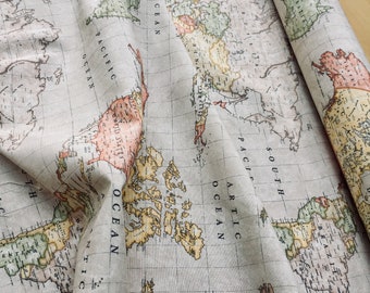 BEIGE WORLD MAP 3 Designer Curtain Upholstery cotton fabric material - World Map Print Canvas - 280cm wide and sold by the meter /beige