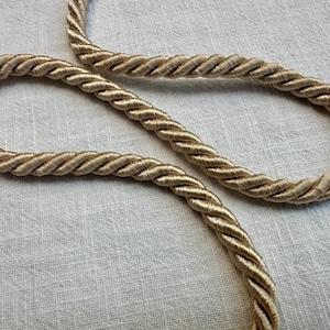 May include: A continuous length of twisted champagne-colored cord with a smooth, satin-like sheen. The rope features a tightly coiled, multi-strand construction that creates a uniform, spiraling texture throughout the entire length of the trim.