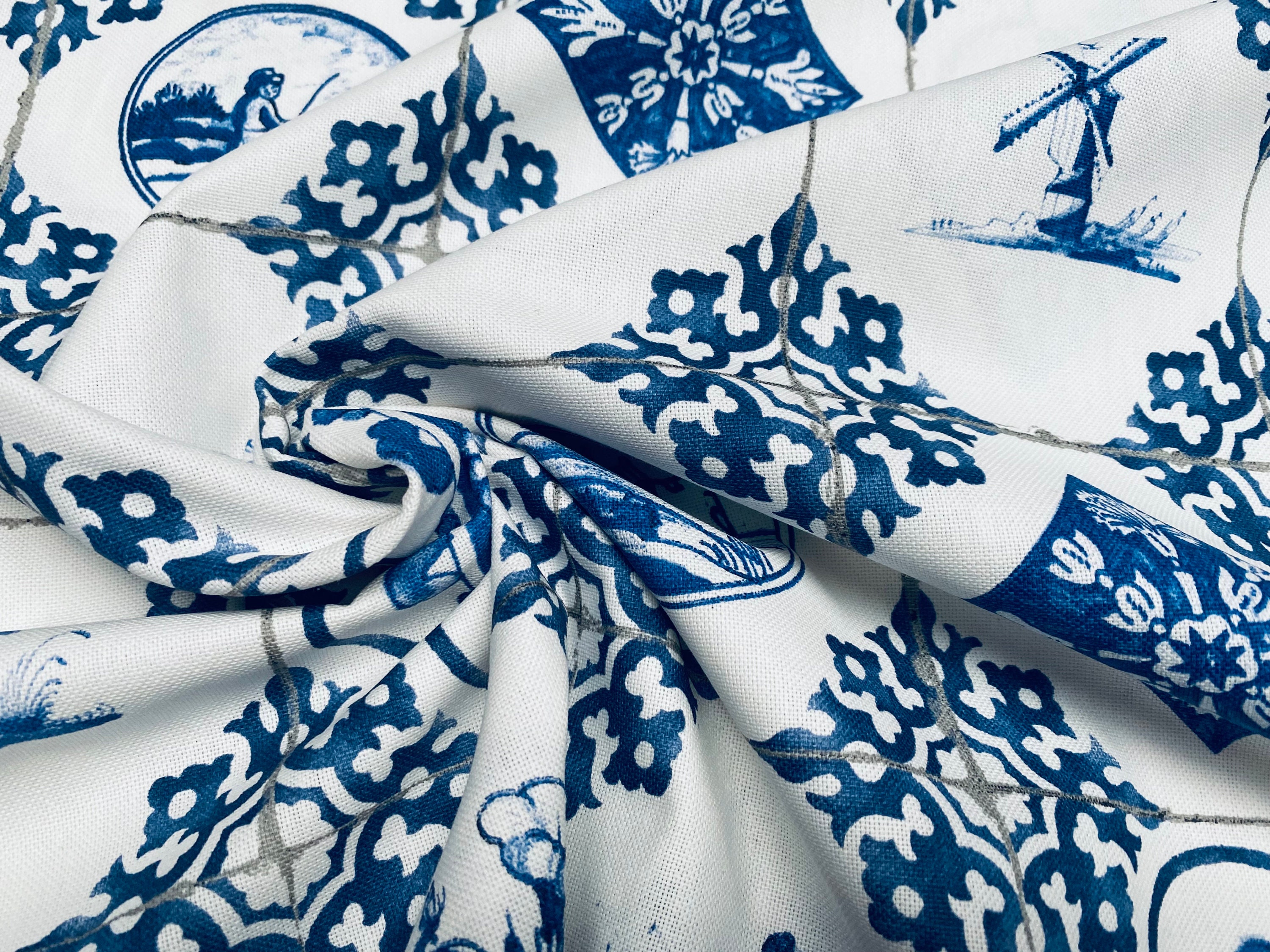 Dutch Tile Geometric Fabric Ceramic Effect Delft Blue Windmill Holland ...