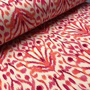 Pink Ikat Floral Fan Damask Flower Fabric Geometric Paisley Cotton Material Curtains Cushions Upholstery Home Decor - 55"/140cm Wide