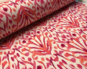 Pink Ikat Floral Fan Damask Flower Fabric Geometric Paisley Cotton Material Curtains Cushions Upholstery Home Decor - 55"/140cm Wide
