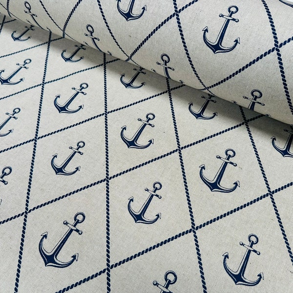 Anchor Hope Nautical Fabric Linen Look Marine Print - Curtain Upholstery Material - 140cm or 55" Wide Canvas
