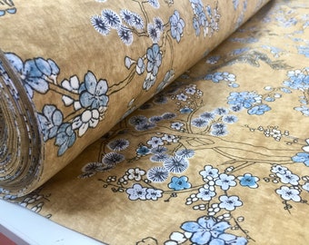 Tissu de rideau en sergé floral japonais Sakura Blossom, tissu d'ameublement oriental - textile de 55 pouces de large - moutarde, bleu