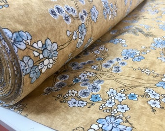Japanese Sakura Blossom Cherry Floral Twill Curtain Fabric Oriental Furnishing Material - 55'' wide textile - Mustard, Blue