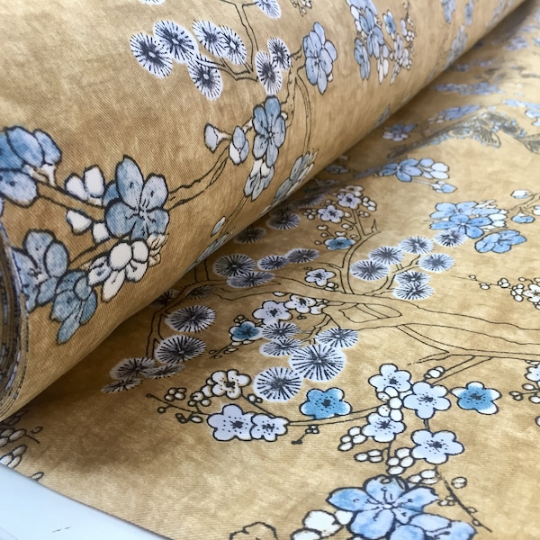 Japanische Sakura Blüte Kirsche Blumen Köper Vorhang Stoff Orientalische Einrichtung Material - 55'' breites Textil - Senf, Blau
