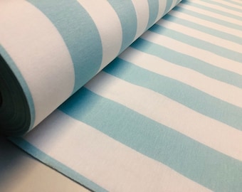 Sky Blue & White Striped Fabric - Sofia Stripes Curtain Tablecloth Upholstery Material - 55"/140cm Wide Canvas