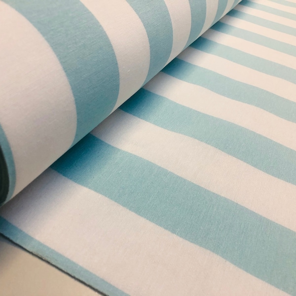 Sky Blue & White Striped Fabric - Sofia Stripes Curtain Tablecloth Upholstery Material - 55"/140cm Wide Canvas