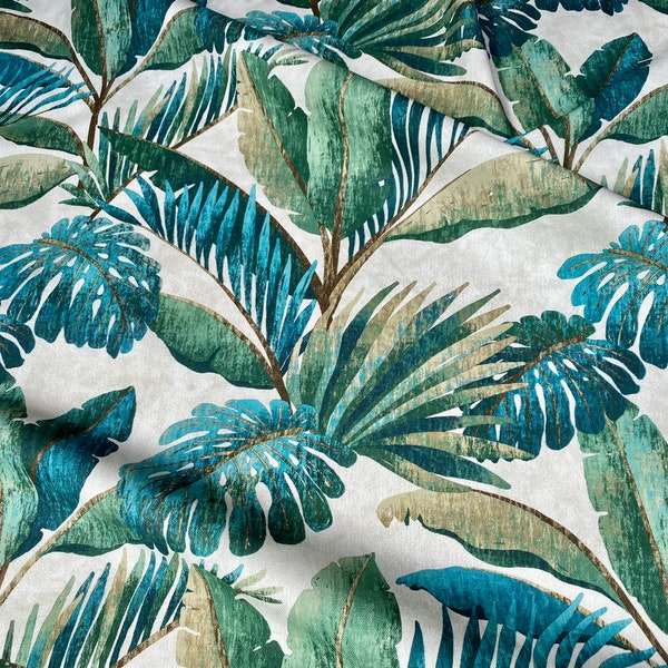 Teal Palm Leaves Banana Tropical Leaf Fabric Linen Look Material for Home Decor Curtain Upholstery - 54" or 136cm Wide Canvas