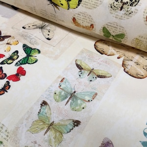 Tessuto Vintage con Ortensie, Farfalle e Note Musicali – Cotone Extra Larghezza 280 cm – Tenda, Abito, Decorazioni – Stampa Digitale