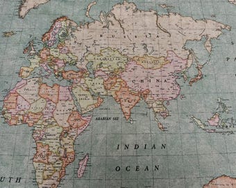 Retro World Map Print Fabric Travel Material Home Décor Upholstery Curtains Cushion – 280cm or 110" Wide - Vintage Jade