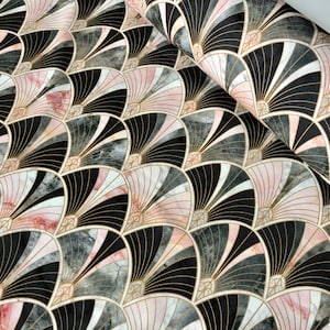 Marble Pink Fan Bow Art Deco Nouveau Geometric Shell Damask Fabric Fountain Leaf - Curtain Upholstery Home decor - 55"/140cm Wide