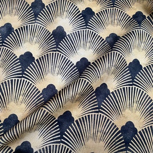 Art Deco Geometric Damask Floral Fan Fabric Fountain Leaf - Curtain Upholstery Home decor - 55&quot;/140cm Wide - Gold & Black
