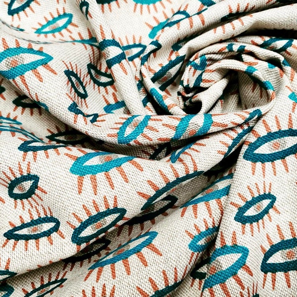 Teal Turquoise Eyes Fabric Watching Eye Print Material - Dressmaking Home Decor Curtain Upholstery Textile - 140cm (55") wide