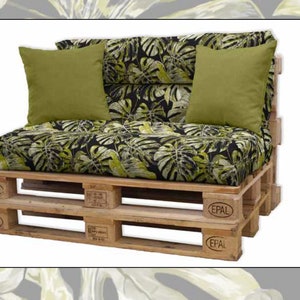 May include: A wooden pallet sofa with a black and green tropical leaf patterned cushion and two green throw pillows. The pallet is stamped with the word "EPAL".