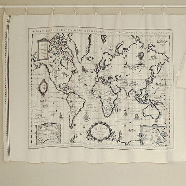 World Map Retro Vintage Hanging Tapestry Linen Map Panel Curtain Upholstery Craft Fabric Material Print - 110cm x 65cm - Vintage Map Linen