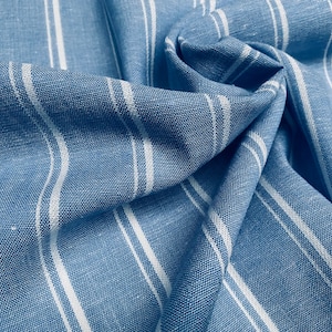 Silky Linen Blend Marine Stripe Fabric Light White Striped Material Home Decor, Dressmaking - 57&quot; or 145cm wide - Denim Blue