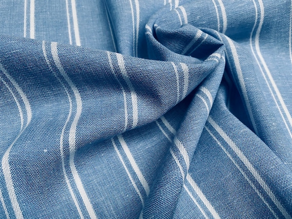 Silky Linen Blend Marine Stripe Fabric Light White Striped Material Home Decor, Dressmaking - 57" or 145cm wide - Denim Blue
