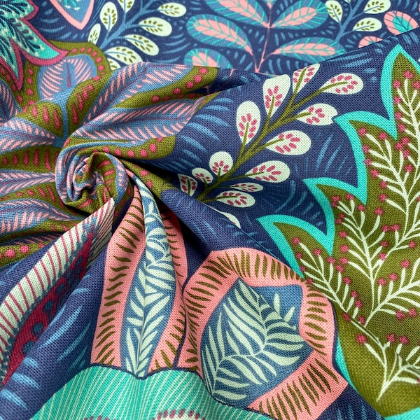 BOTANIC Leaf Fabric Tropical Floral Tree Leaves Print Cotton Curtain Upholstery Material 55"/140cm wide Canvas - Blue Turquoise