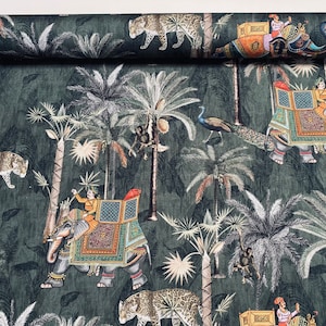 Elefante reale palma verde giungla foglie tessuto pavone leopardo materiale per tappezzeria per tende da arredamento - 140 cm di larghezza