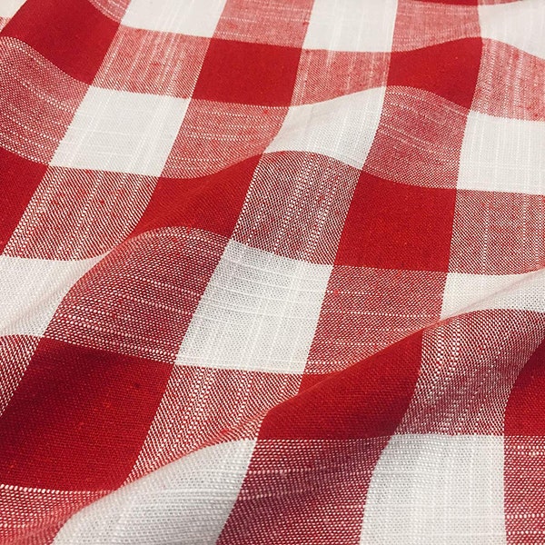 Gingham Linen Checked Linen Fabric Plaid Material Buffalo Check Cotton Yarn -couture, rideaux, rideaux -140cm de large- Chèques rouges et blancs