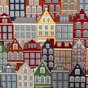 May include: A colorful pattern of various sized and shaped houses with different colored roofs and windows. The houses are arranged in a repeating pattern.