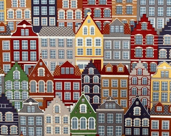 Amsterdam Canal House Fabric Holland Village Print Home Decor Curtain Upholstery Material - 55" or 140cm Wide Canvas - Multi