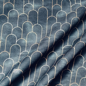 Archi Art Déco ventaglio tessuto effetto marmo sirena squama di pesce arredamento materiale da tappezzeria larghezza 280 cm blu navy e oro
