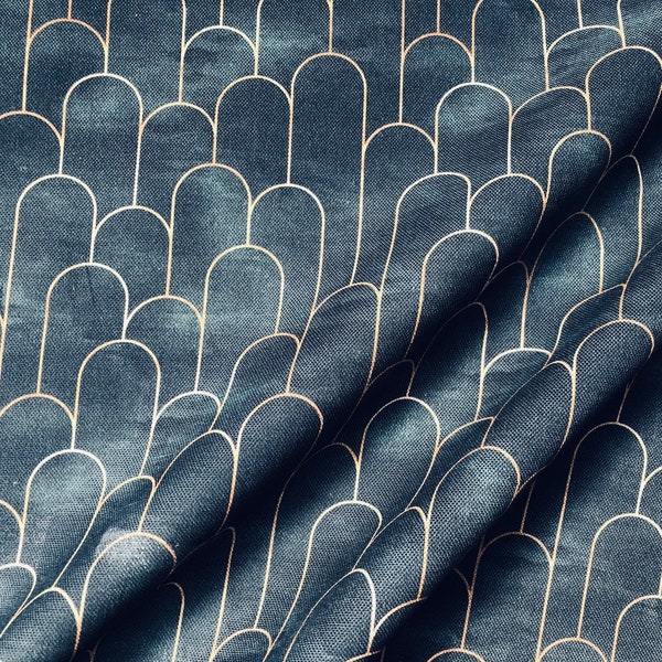 Arches Art Deco Fan Fabric Marble Effect Mermaid Fish Scale - Curtains Upholstery Material - 110" or 280cm EXTRA Wide - Navy Blue & Gold