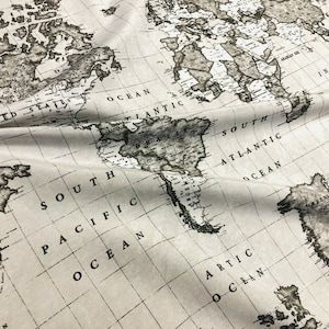 Graue Weltkarte Designer Stoff Vorhänge Polster Kleid Baumwolle Material - Globe Travel Print Leinwand - 140 cm breit
