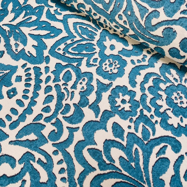 Tissu à motif floral bleu abstrait pour la décoration intérieure, les rideaux, le rembourrage - Toile de 140 cm de large - Bleu et crème