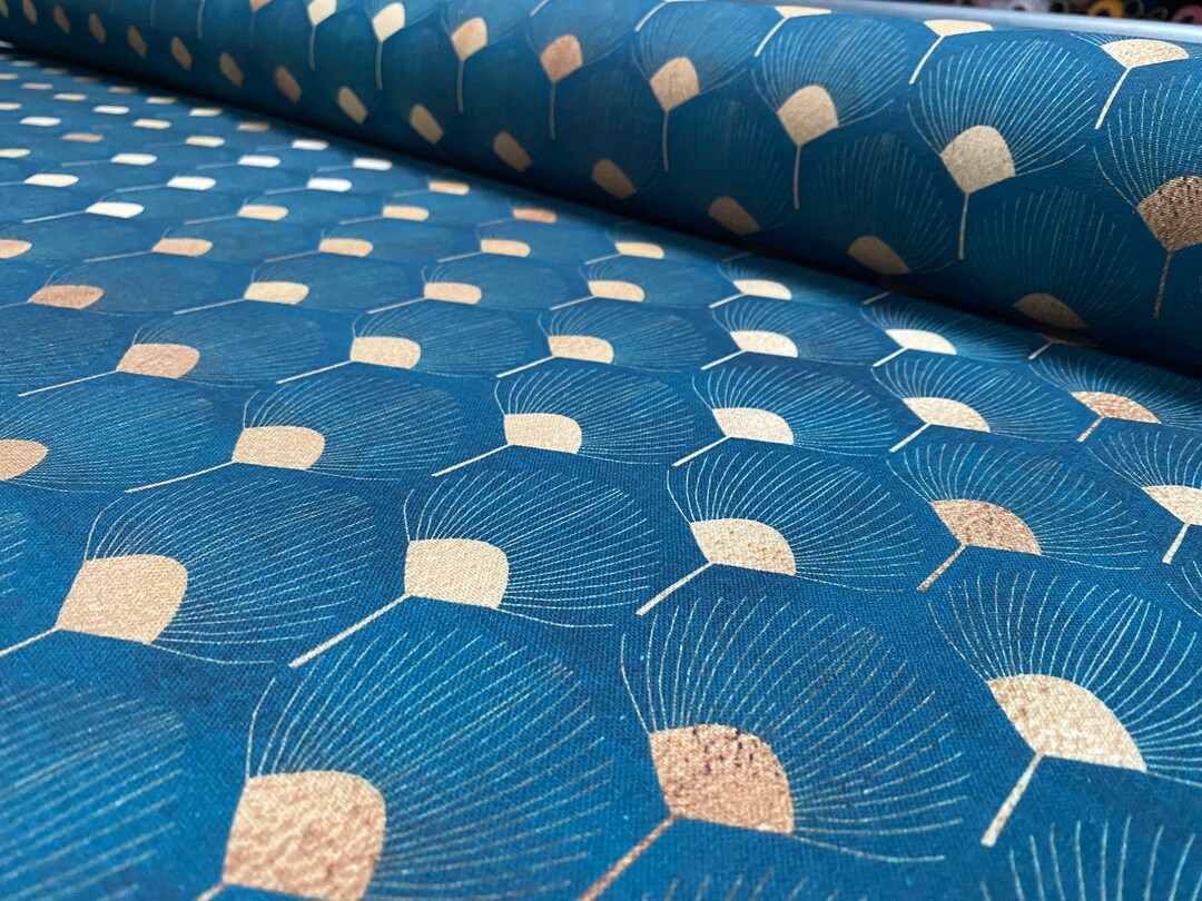 Art Deco GOLDEN Peacock Fans Geometric Damask Floral Fabric Fountain