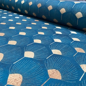 Art Deco GOLDEN Peacock Fans Geometric Damask Floral Fabric Fountain Leaf Curtains Upholstery Home Decor 110&quot;/280cm Wide - Teal Blue & Gold
