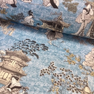 Geisha Japanese Pagoda Oriental Twill Floral Curtain Fabric Material - 55&#39;&#39; wide textile - Blue, Mustard