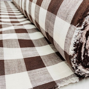 Gingham Linen Checked Linen Fabric Plaid Material Buffalo Check Cotton Yarn Tartan - 59" or 150cm wide - Dark Brown & White