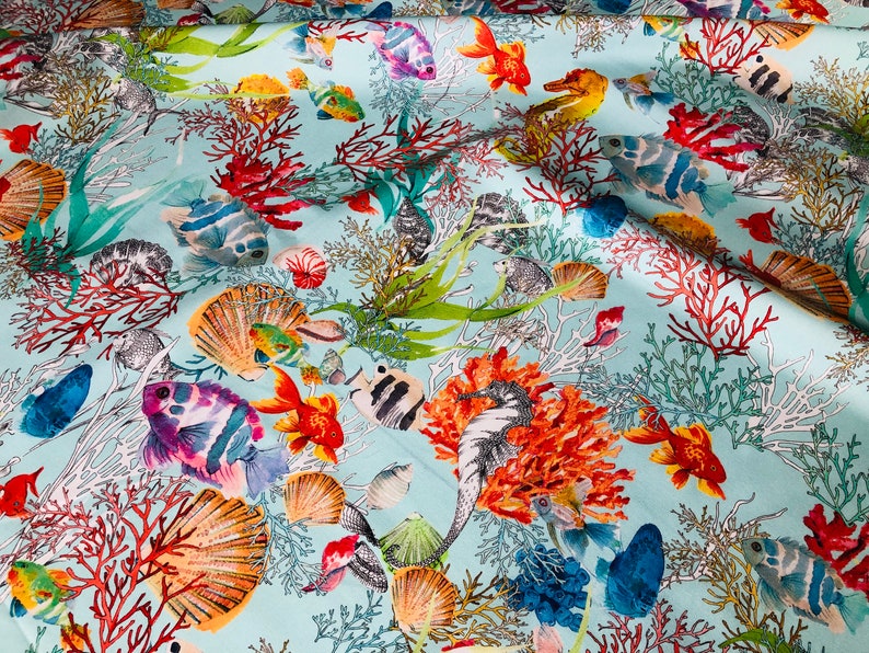 Aqua Sea World Coral Reef Tissu Rideau Tapisserie d'ameublement Coton Matériel Sea Teal Shell Red Corals 280cm Wide image 6