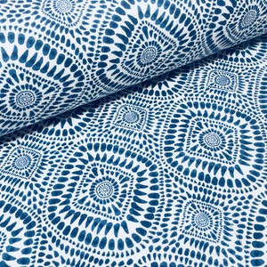 Azul y blanco azulejo español flor Mandala Shibori tela algodón Panamá material para tapicería de cortina de decoración de vestido - 55" o 140 cm de ancho