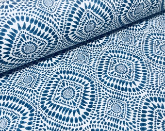 Blue & White Spanish Tile Flower Mandala Shibori Fabric Cotton Panama Material for Dress Decor Curtain Upholstery - 55" or 140cm wide