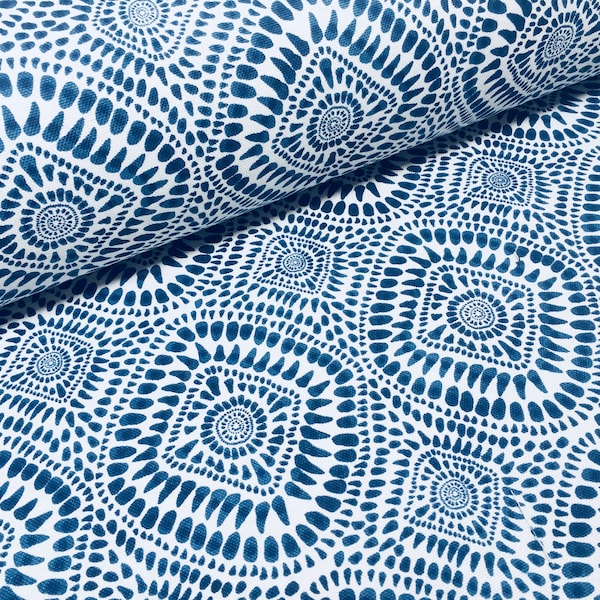 Blue & White Spanish Tile Flower Mandala Shibori Fabric Cotton Panama Material for Dress Decor Curtain Upholstery - 55" or 140cm wide