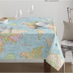Teflon waterbestendige wereldkaart zacht tafelkleed PU-gecoate buitenstof voor kussen, tuinhuisje, tafels, strand - 55"/140 cm breed - blauw