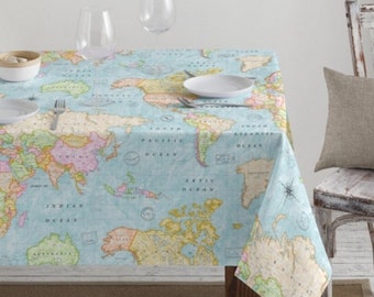 Teflon Waterproof World Map Tablecloth PU Coated Outdoor Fabric For Cushion, Gazebo, Tables, Beach - 55"/140cm Wide - Blue