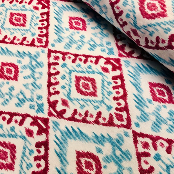 Kilim Aztec Spanish Geometric Diamond Tile Fabric Cotton Panama Curtain Upholstery Material - 55"/140cm wide - Aqua Blue & Raspberry Red