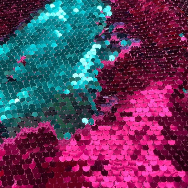 MERMAID Reversible 5mm Sequin Fabric Flip Two Tone Material - 130cm wide - Pink & Turquoise sequins