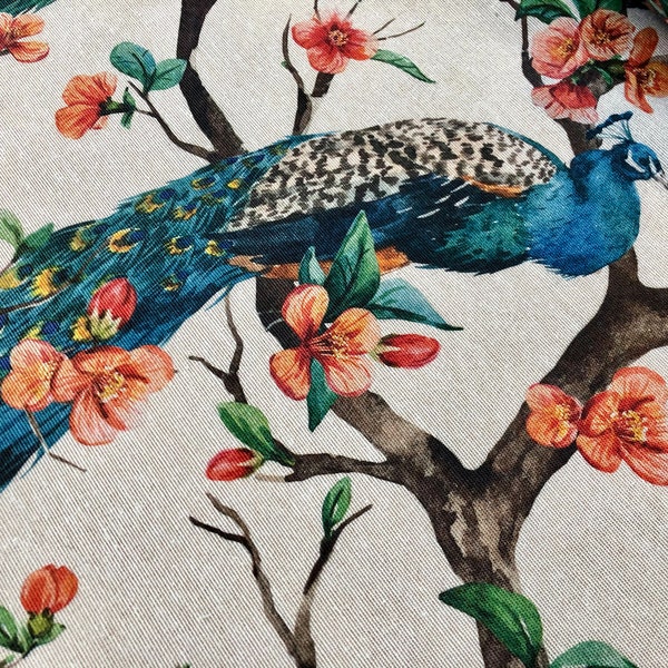 Peacock Bird Fabric Floral Garden Furnishing, Curtains, Upholstery Material - 55"/140cm Wide - Peach & Turquoise