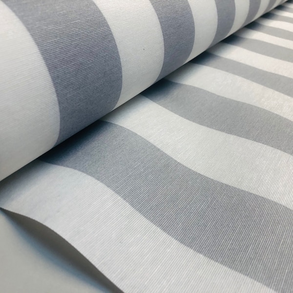 Tissu rayé gris argenté et blanc - Tissu de tapisserie d'ameublement pour rideau Sofia Stripes - Toile de 280 cm de large