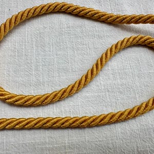 May include: A continuous length of golden yellow twisted cord trim. The decorative rope features a tightly wound, multi-strand construction with a smooth, lustrous sheen, arranged in a gentle curve across the frame to showcase its texture.