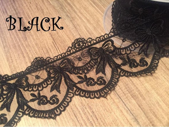 Black Lace Ribbon with heavy embroidered detail scalloped edge lace - 70mm  wide (sold by the Meter)