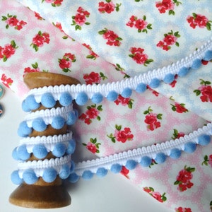 Perla Pom Pom Bobble Trim - PomPoms di alta qualità Mini formato 10 mm - Venduto al metro - AZZURRO E BIANCO